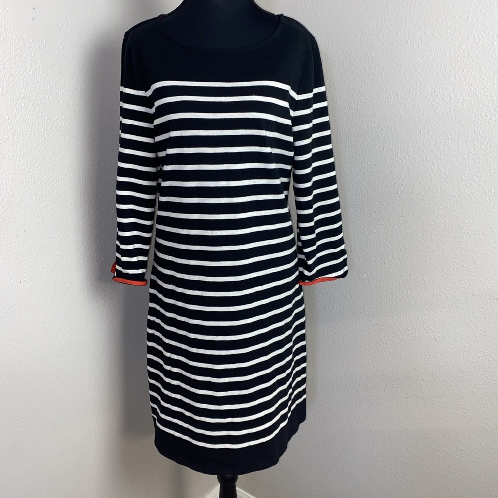 Talbots Shift Dress Women's L Black/White Coral Striped Boat Neck Nautical